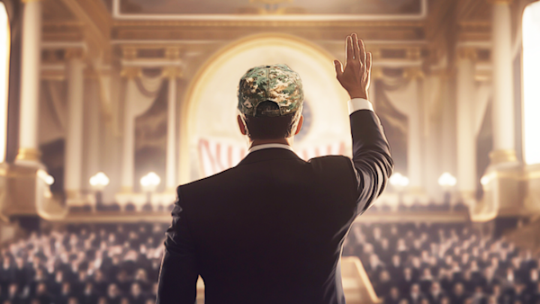 Person at podium in ornate hall wearing camo cap, right hand raised to audience