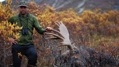Hunter standing beside downed bull moose, holding antler among autumn shrubs and distant hills