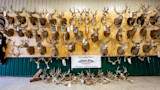 Wall of deer and pronghorn heads; sign reads Nebraska Hunts — Hidden Hills Outfitters — Mule Deer • Whitetails • Turkeys