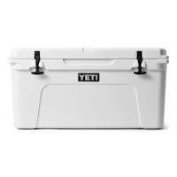 White YETI Tundra 65 cooler with front YETI logo and two black rubber latches