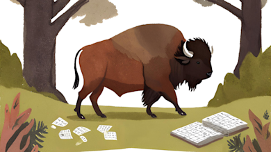 Bison walking past scattered crossword pages and an open crossword book in a woodland clearing