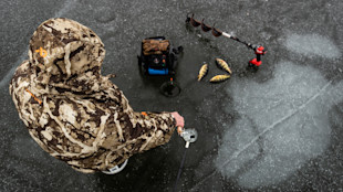 Man in camouflage jacket ice fishing, auger, fish finder and three perch on ice