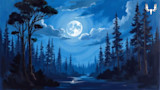 Moonlit pine forest and stream reflecting a full moon; MeatEater antler logo in top-right