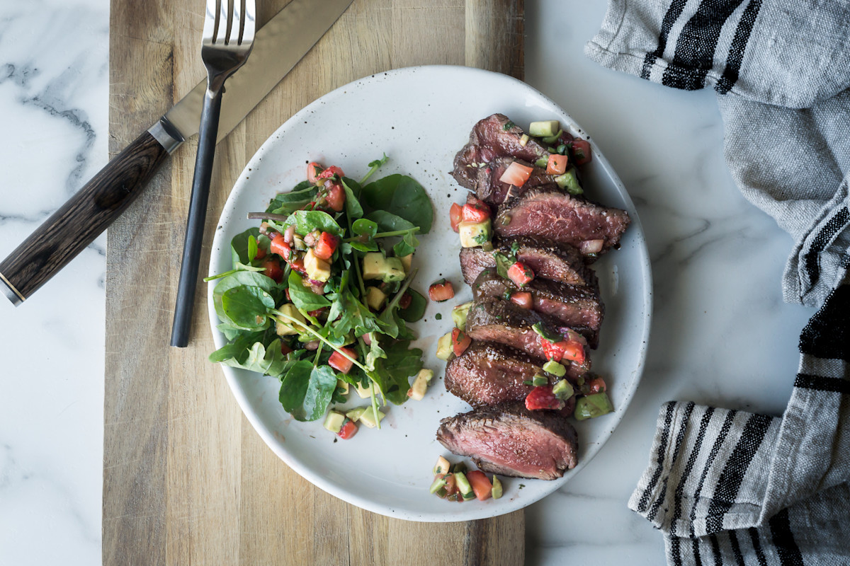 Cocoa Rubbed Steak with Avocado-Strawberry Salsa
