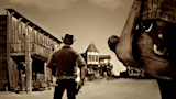 Cowboy seen from behind in deserted Western street, hand on holstered pistol; horse saddle at right foreground