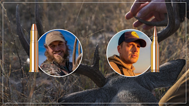 Dead buck with antlers, two circular hunter portraits and cartridge graphics