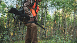 Hunter carrying rifle across hip in birch forest, wearing camouflage and orange safety vest
