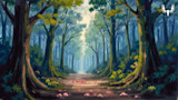 Forest path through tall blue-green trees with pink petals on the ground, MeatEater logo top-right