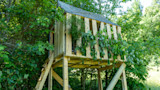 Elevated deer blind built from wooden pallets on stilts with ladder and leaf camouflage