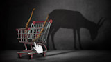 Small shopping cart holding long antelope horns with pixel cursor; large antelope shadow on wall