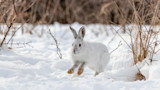 Snowshoe hare bounding across snow near dried grasses