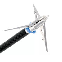 Three-blade broadhead mounted on carbon arrow shaft with blue o-ring