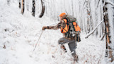 Hunter in orange cap and safety vest climbs snowy hillside in falling snow with backpack and trekking pole