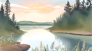 Serene watercolor lake at sunrise with pine-lined shore, wildflowers in foreground, MeatEater logo.