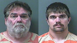 Two mugshots: older bearded man and younger mustached man wearing orange striped jail shirts