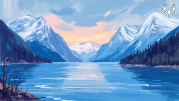 Painted mountain lake at sunset with snow-capped peaks and MeatEater antler skull logo