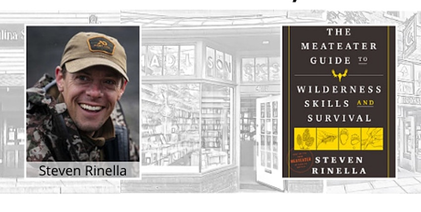 Steven Rinella portrait; book cover text: THE MEATEATER GUIDE TO WILDERNESS SKILL AND SURVIVAL — STEVEN RINELLA