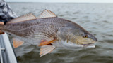 Large red drum held horizontally over water, angler's hands visible