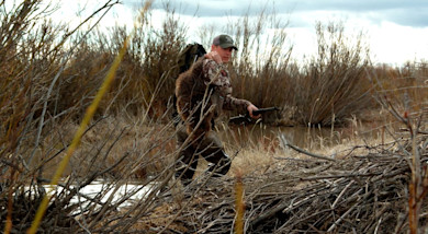 Hunter carrying beaver pelt over shoulder and holding shotgun beside creek