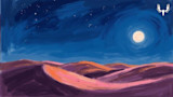 Painted moonlit desert dunes under a starry sky, MeatEater logo top-right