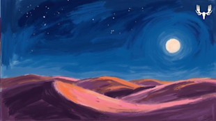 Painted moonlit desert dunes under a starry sky, MeatEater logo top-right