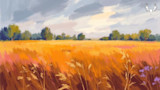 Golden field painting with distant trees, cloudy sky, and MeatEater logo top right