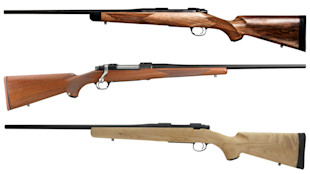 Three bolt-action hunting rifles with wooden stocks in dark, medium, and light finishes
