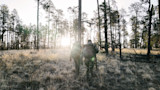 Two hunters walking through grassy pine forest toward rising sun, backpacks and rifle