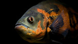 Close-up of a green and orange tiger-striped fish head with spread pectoral fin on black background