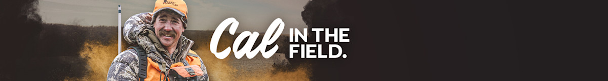 Hunter in camo and orange vest smiling, text "Cal IN THE FIELD."