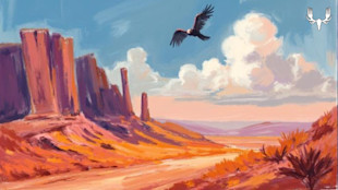 Painted desert landscape: red mesas, winding dirt road, blue sky with clouds, soaring bird, MeatEater logo