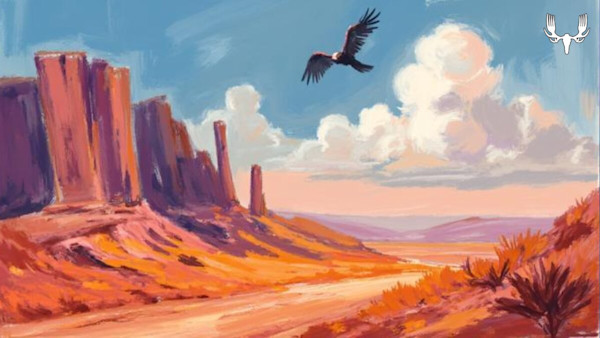 Painted desert landscape: red mesas, winding dirt road, blue sky with clouds, soaring bird, MeatEater logo