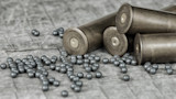 Brass shotgun shell casings and scattered lead shot on a weathered wooden table