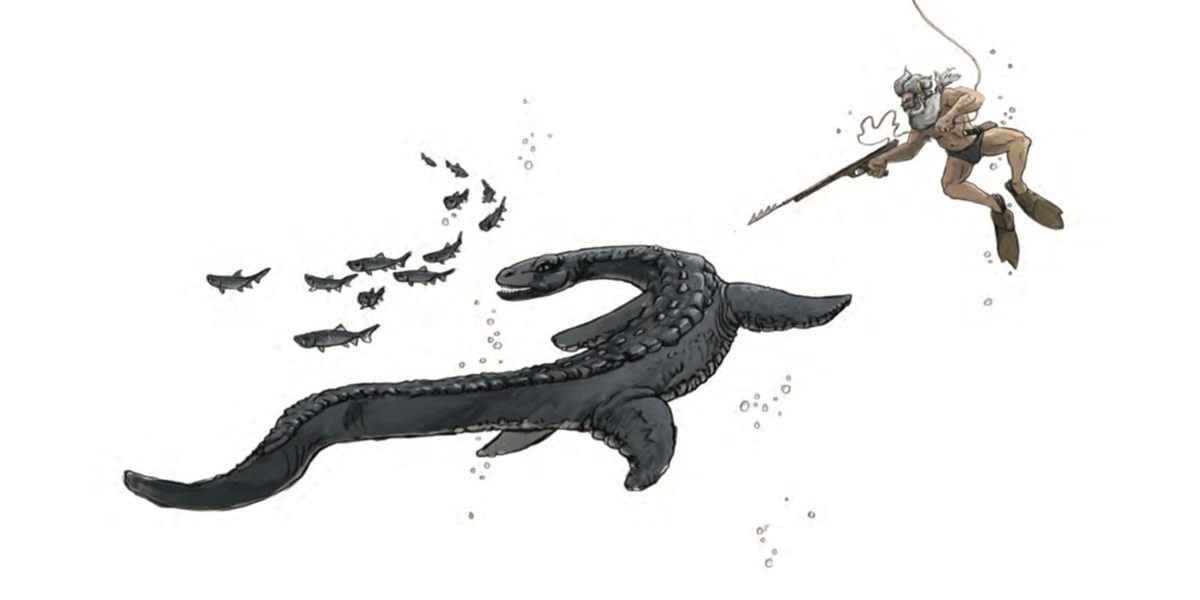 Gnome-like diver with spear and fins hunting a long plesiosaur-like sea creature and small fish