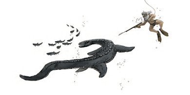 Gnome-like diver with spear and fins hunting a long plesiosaur-like sea creature and small fish