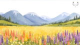 Watercolor mountain meadow with colorful wildflowers; MeatEater logo top right