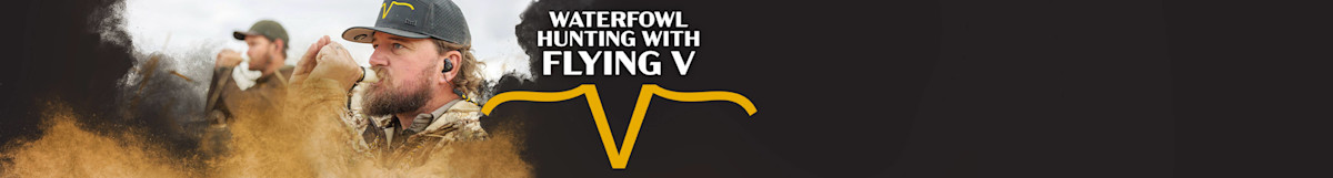 Bearded hunter blowing a call with another hunter behind; text "WATERFOWL HUNTING WITH FLYING V" and yellow V logo