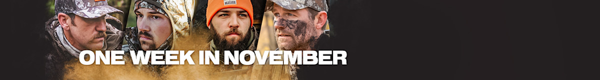 Five hunters in camouflage and orange with text "ONE WEEK IN NOVEMBER"