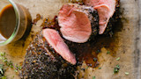Mushroom-Rubbed Roast Venison au Jus