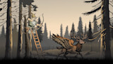 Gnome archer in treestand drawing bow aimed at winged stag in forest