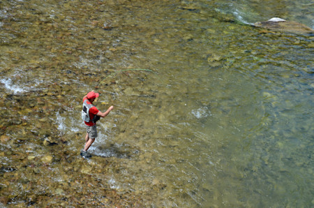 Man wading in shallow clear river casting a fly rod with an arced line