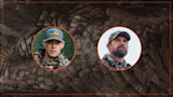 Two hunters in circular portraits over turkey-feather background; left cap patch reads Bear Grease