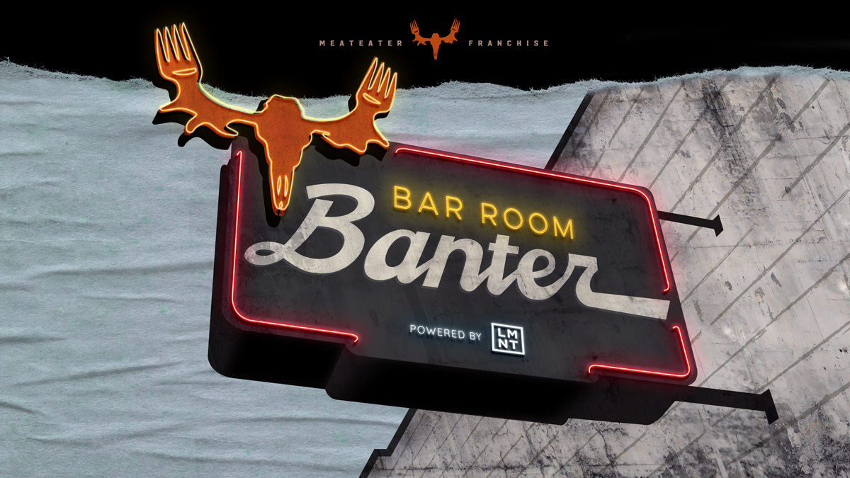 Neon sign reading "BAR ROOM Banter" with "POWERED BY LMNT" and MeatEater moose-fork logo