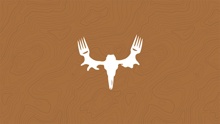 MeatEater white antler-and-fork skull logo centered on brown topographic background