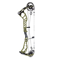 Compound bow in olive green with dual cams, cables, and arrow rest