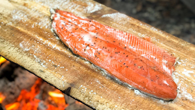 Cedar-plank salmon fillet seasoned with salt and pepper cooking over campfire flames