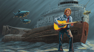 Musician playing acoustic guitar in front of ship labeled "EDMUND FITZGERALD" with three fish