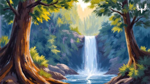 Painted forest waterfall between two trees with pool below; MeatEater logo in top-right
