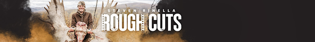 Steven Rinella holding moose skull and antlers with 'STEVEN RINELLA ROUGH CUTS' text overlay