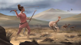 Female hunter in pink tunic throwing a spear at running camelid in grassland
